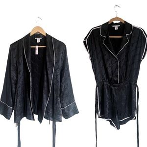 VICTORIA’S SECRET LOGO Black SATIN SLEEP ROMPER & ROBE Set Size Small